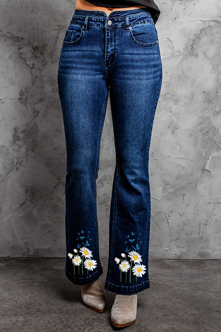 Womens Blue Daisy Print High Waist Flare Jeans