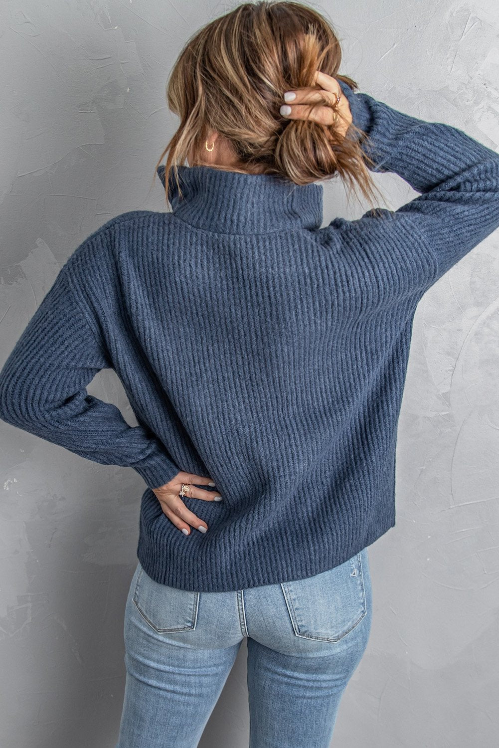 Womens Blue Zip Neck Knitted Sweater