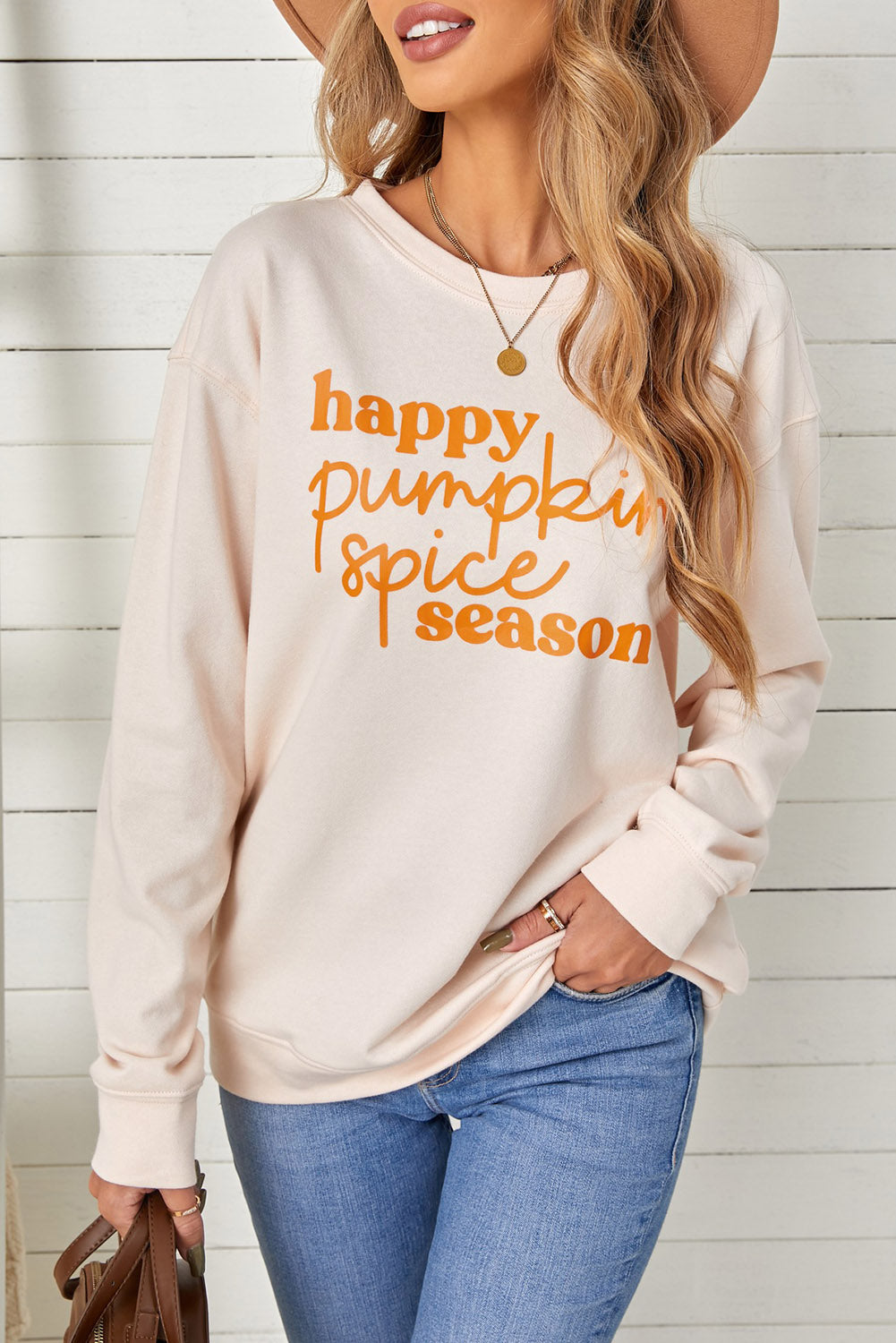 Womens Casual Beige Letter Print Pullover Graphic Sweatshirt