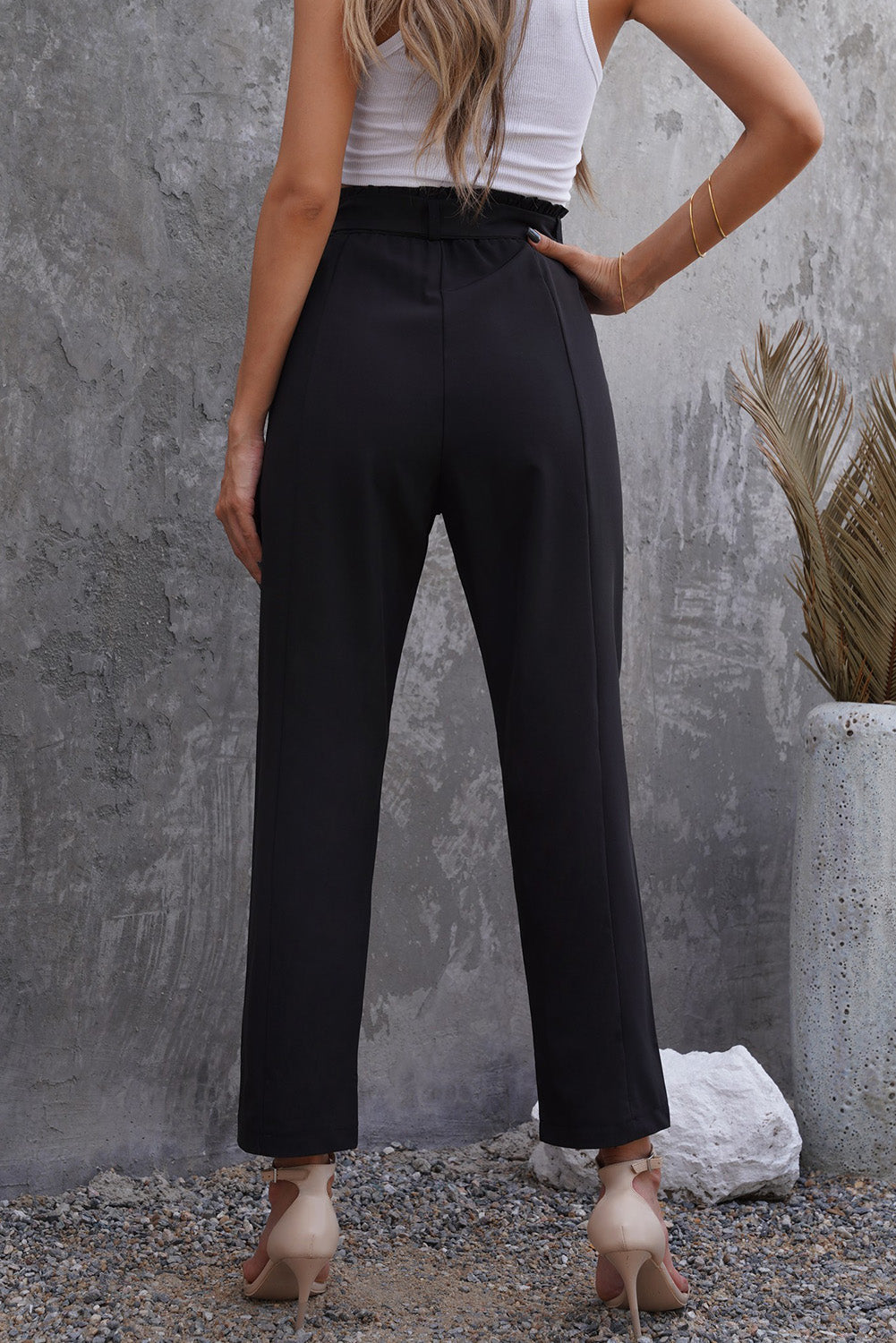 Womens Casual Paperbag Waist Straight Leg Pants with Belt