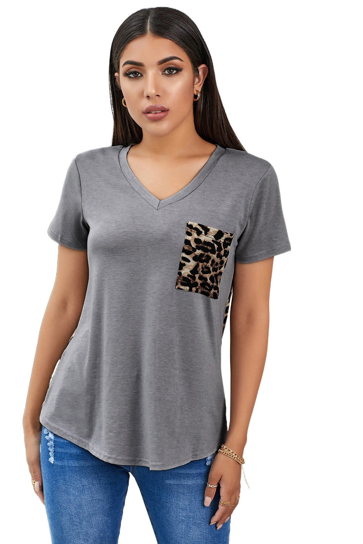 Womens Gray Leopard Printed Splicing Short Sleeve T-Shirt
