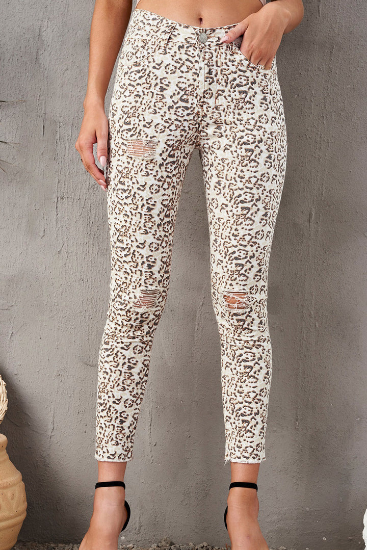 Womens Leopard Raw Hem Straight Legs Pants