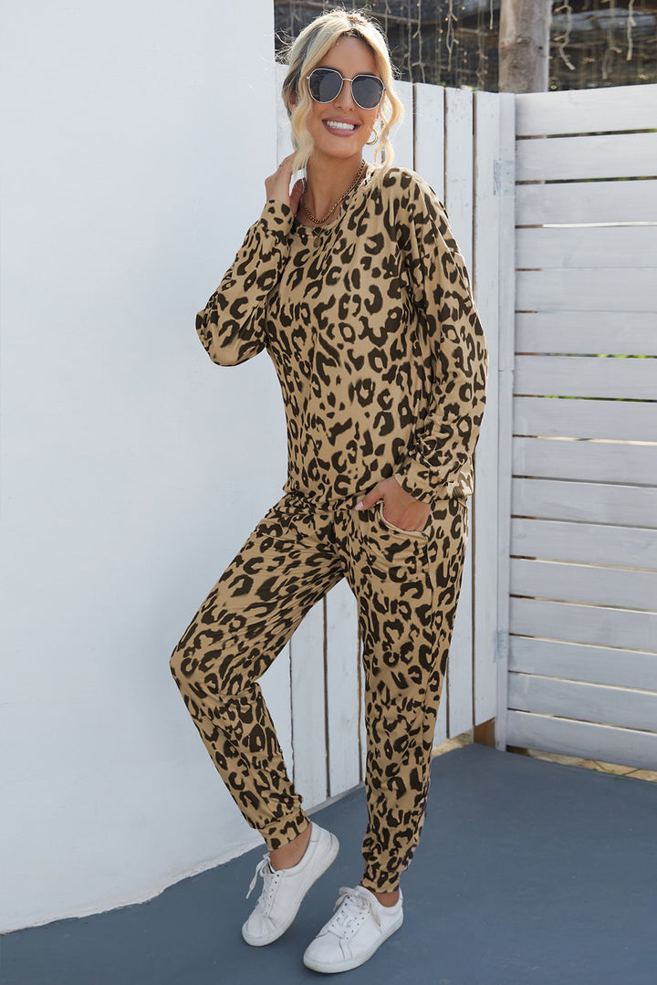 Womens Sport Leopard Print Long Sleeve Top and Drawstring Pants Set