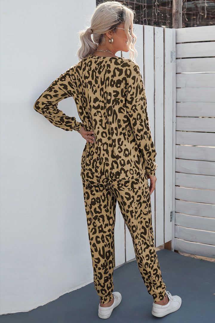 Womens Sport Leopard Print Long Sleeve Top and Drawstring Pants Set