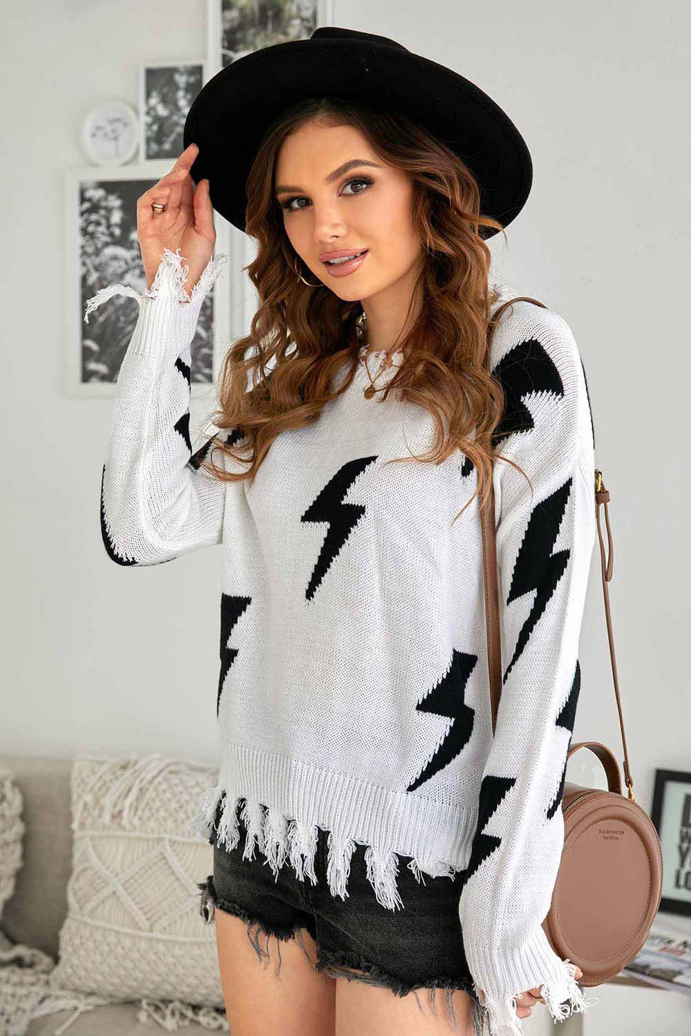Womens White Distressed Knit Bolt Sweater