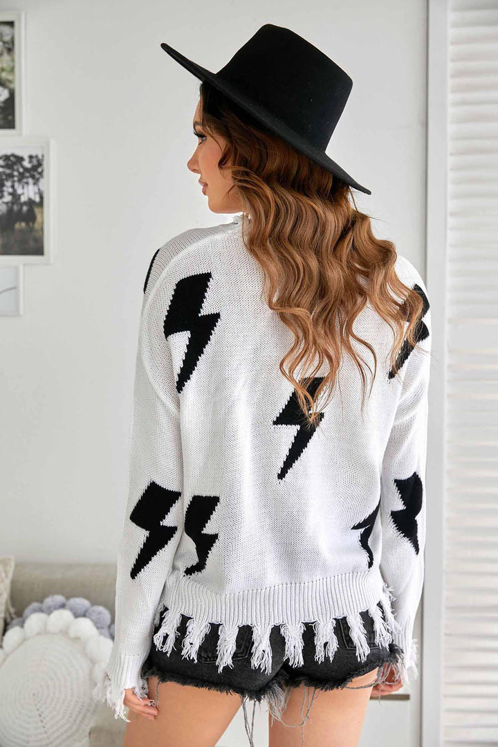 Womens White Distressed Knit Bolt Sweater