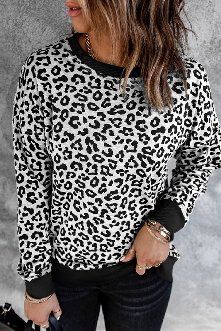Womens White Leopard Pullover Sweatshirt