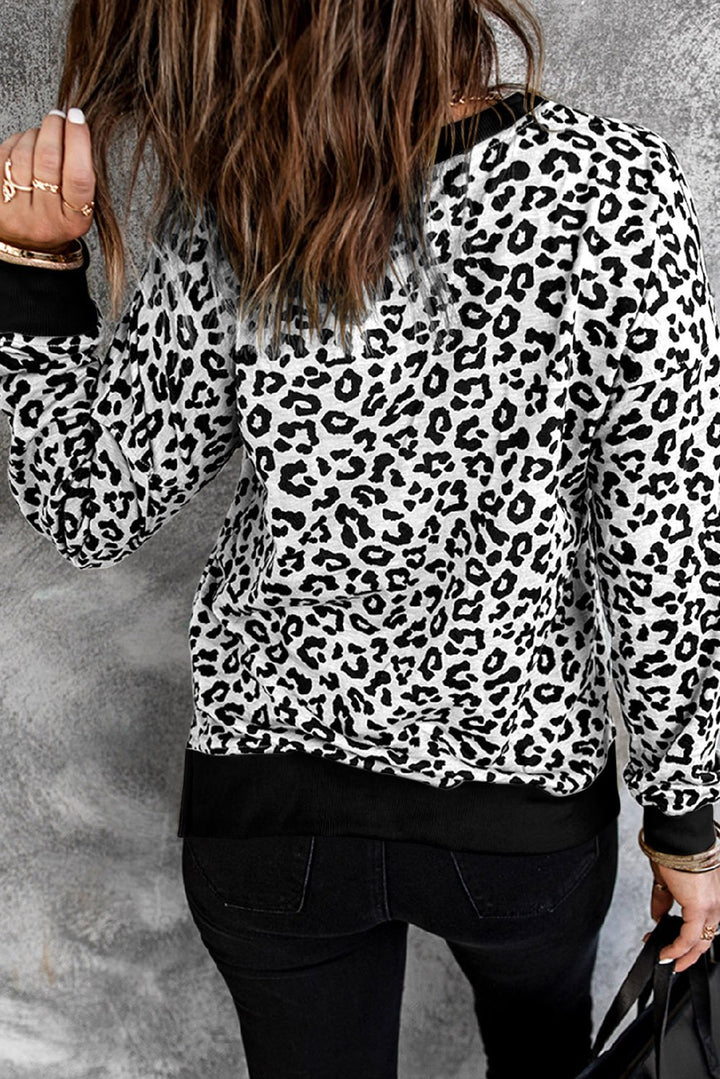 Womens White Leopard Pullover Sweatshirt