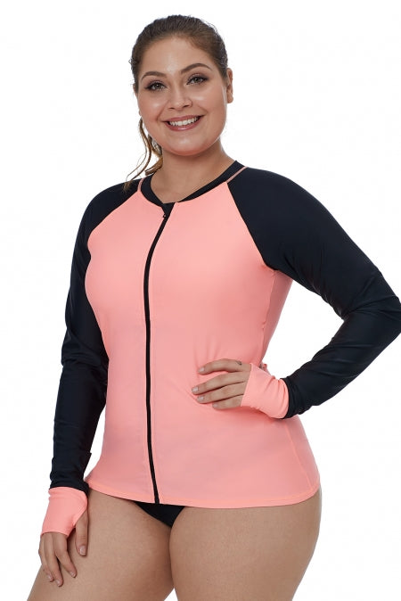 Womens Coral Black Thumbhole Long Sleeve Rashguard