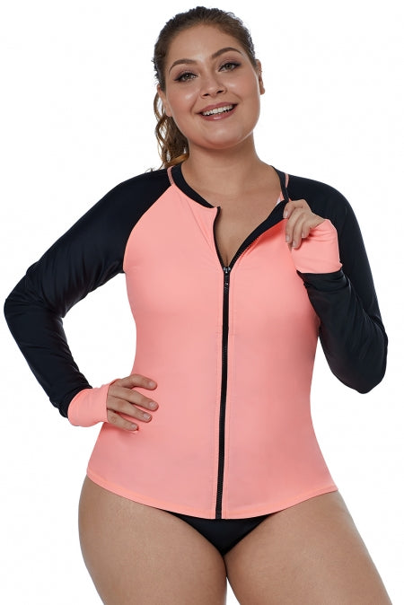 Womens Coral Black Thumbhole Long Sleeve Rashguard