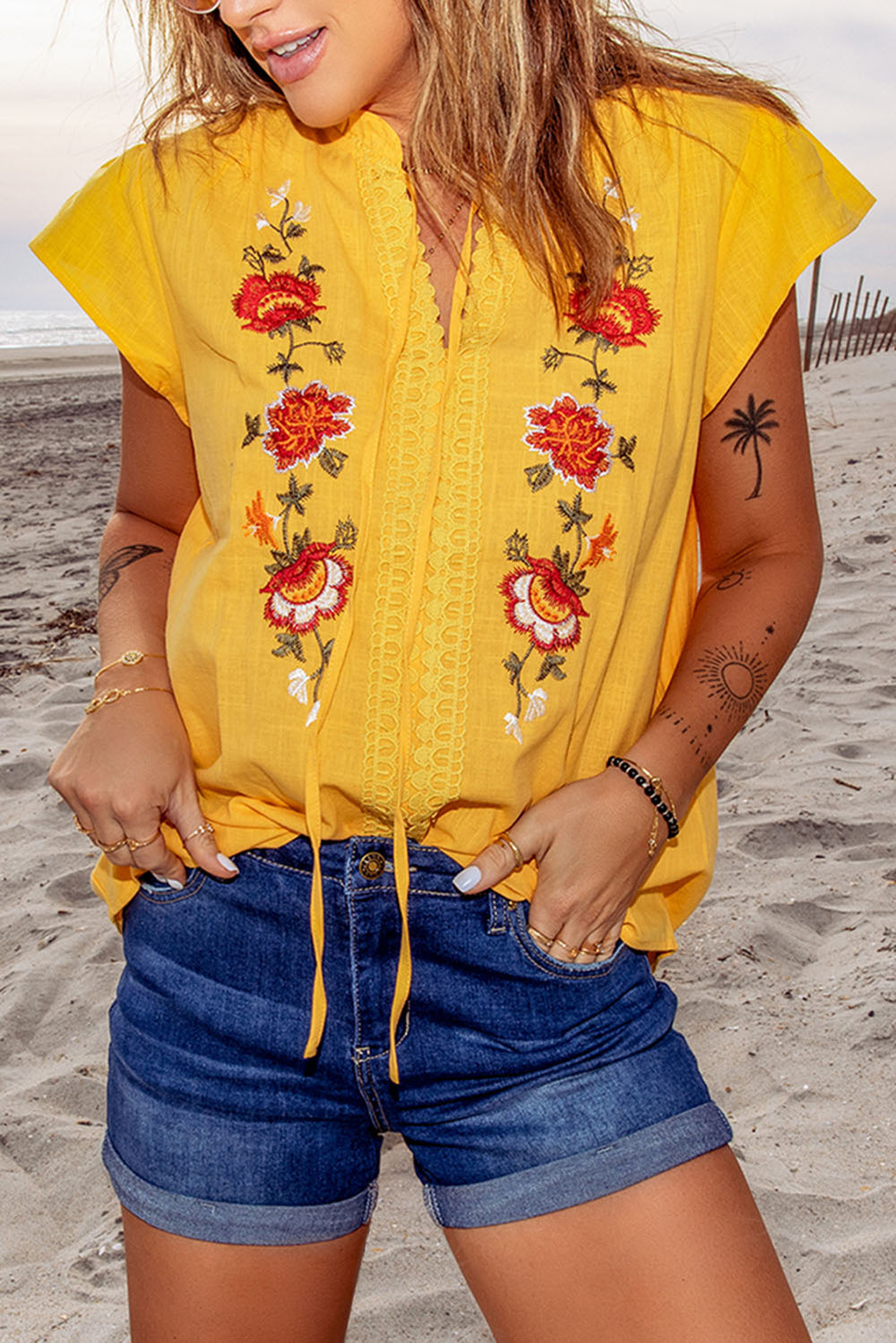 Yellow Floral Embroidered Flutter Sleeve Top