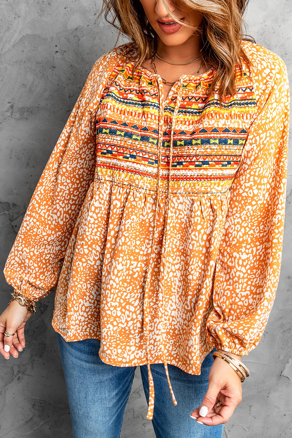 Yellow Leopard Patch Drawstring Long Puff Sleeve Blouse