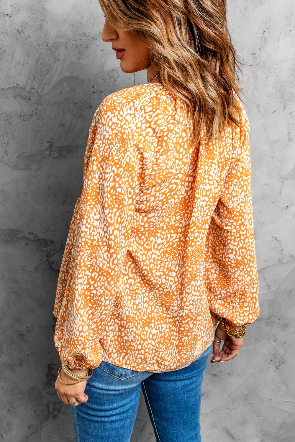 Yellow Leopard Patch Drawstring Long Puff Sleeve Blouse