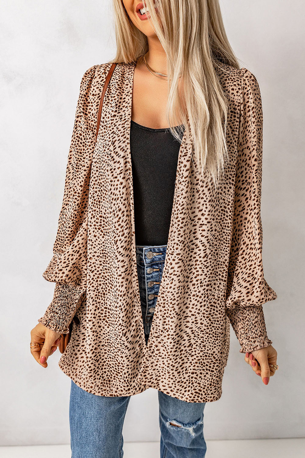 Apricot Animal Print Shirred Cuff Lantern Sleeve Cardigan