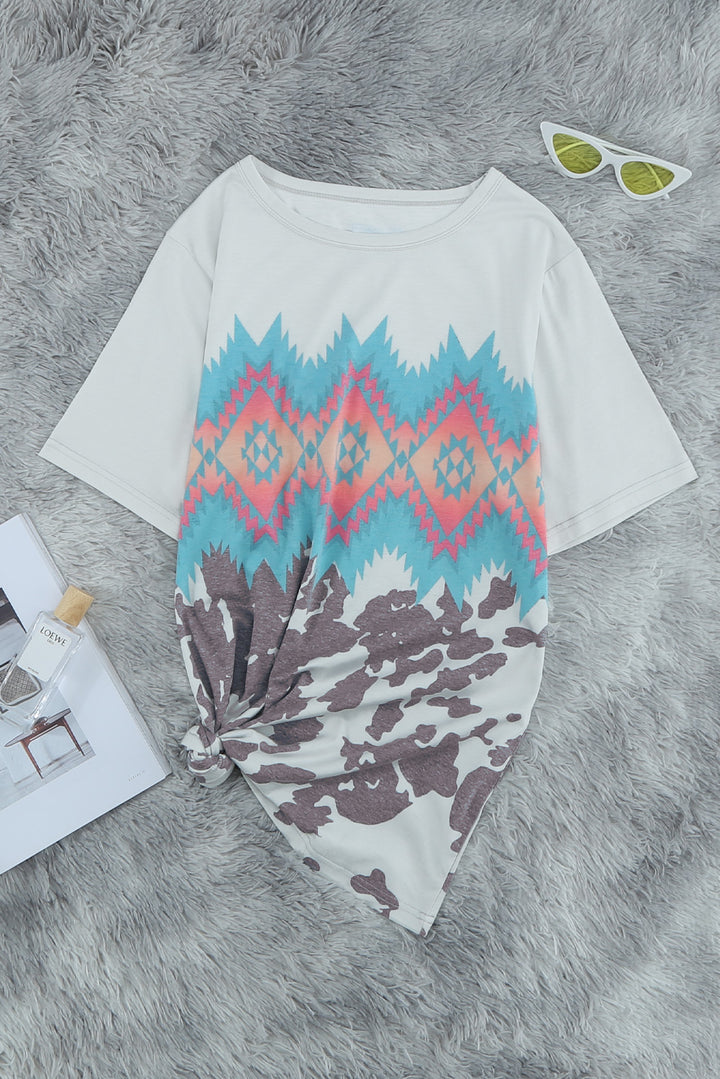 Women Multi-color Aztec Geometric Print Short Sleeve T-shirt
