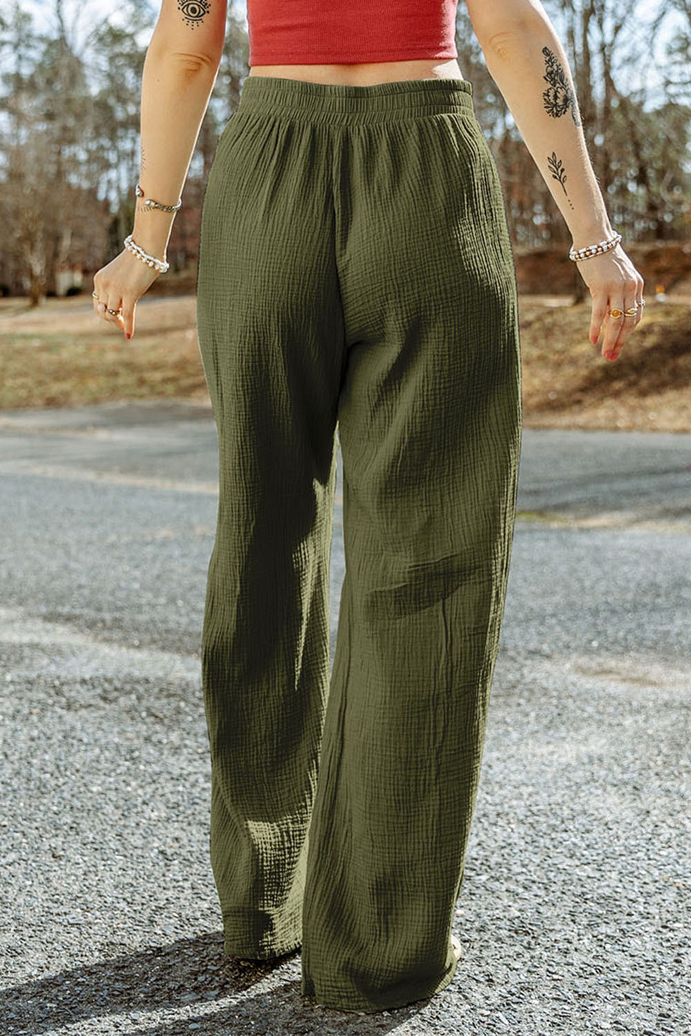 Green Crinkle Textured Wide Leg Pants