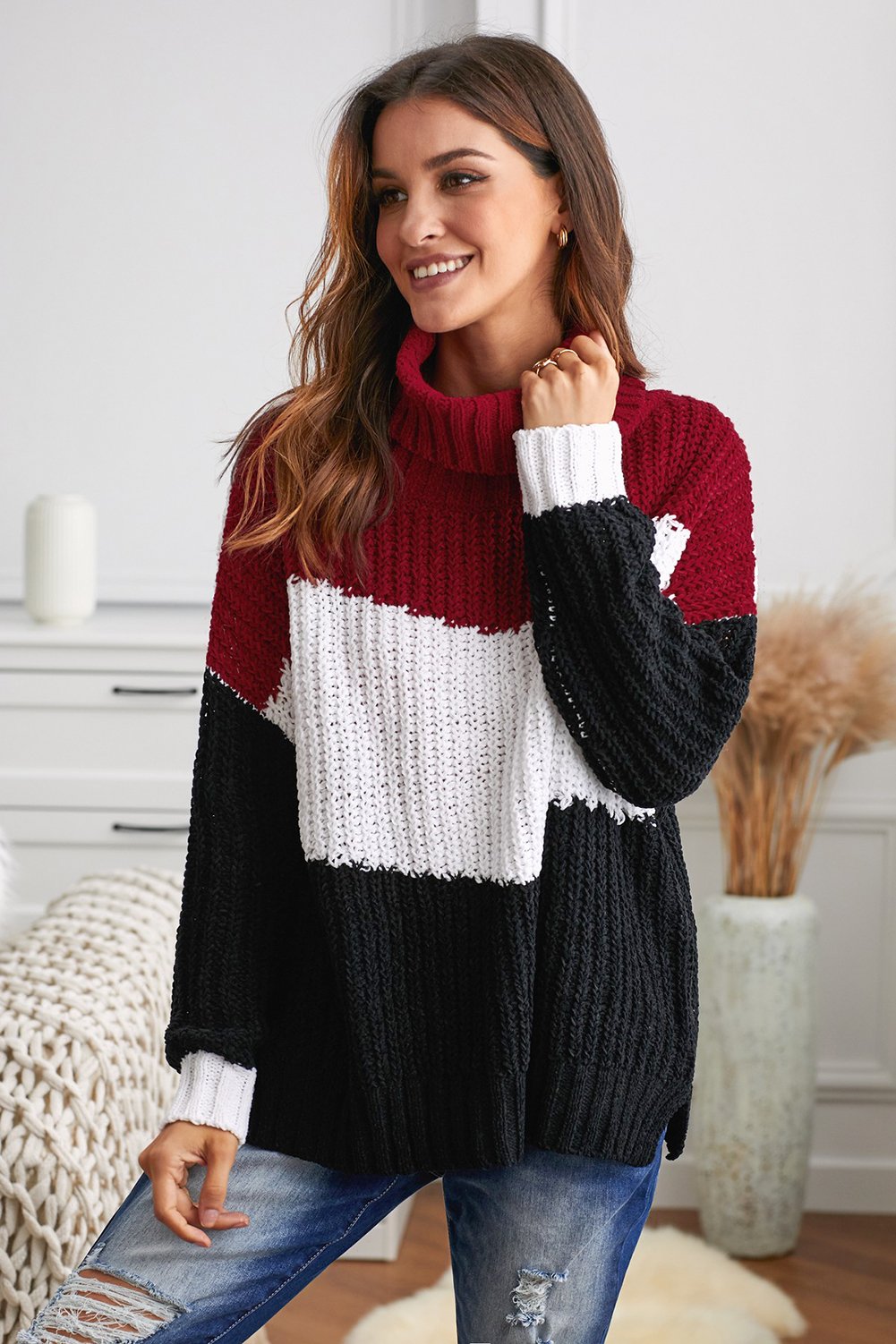 Cowl Neck Black Red Colorblock Cable Knit Sweater