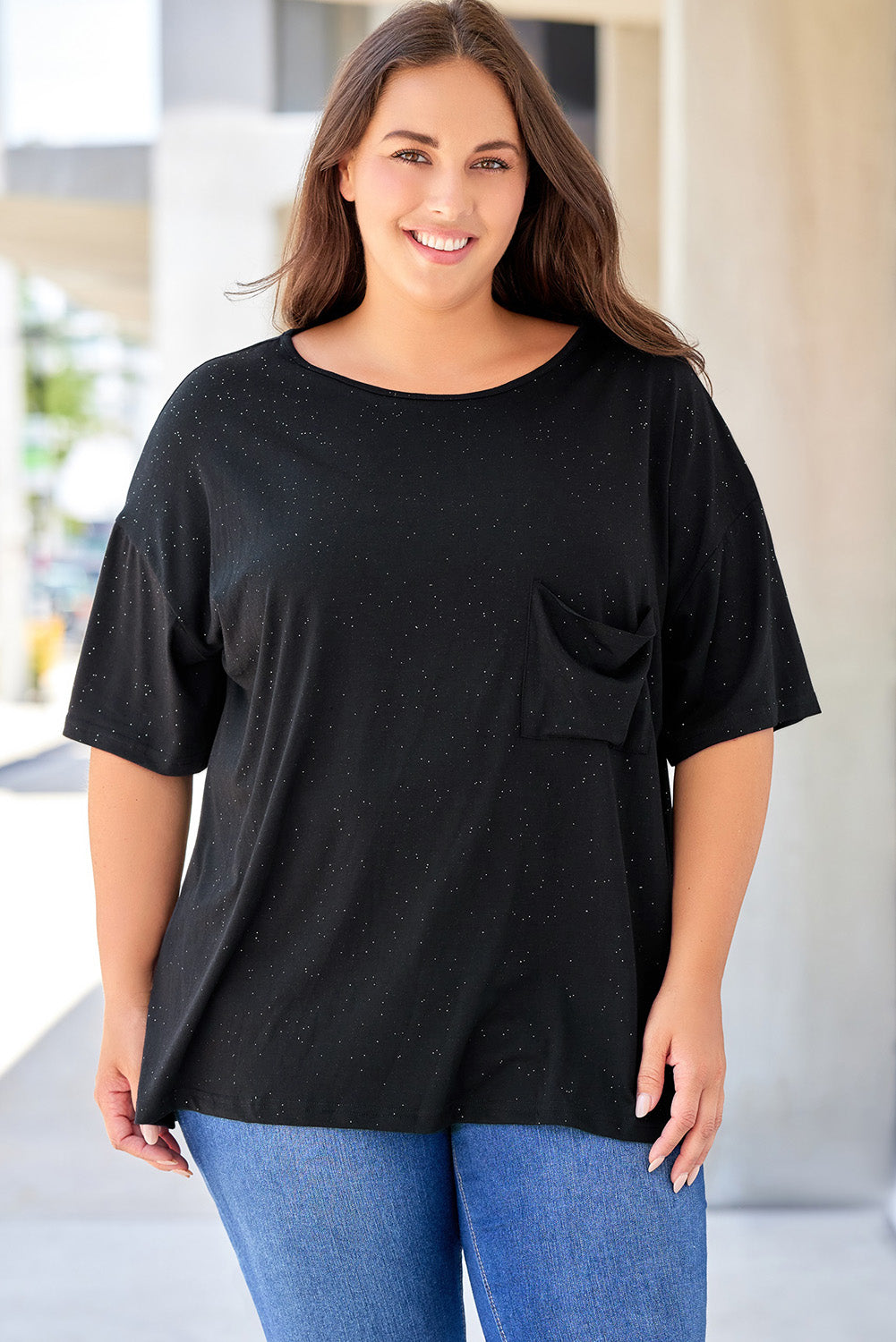 Black Splatter Allover Plus Size Pocketed T-shirt