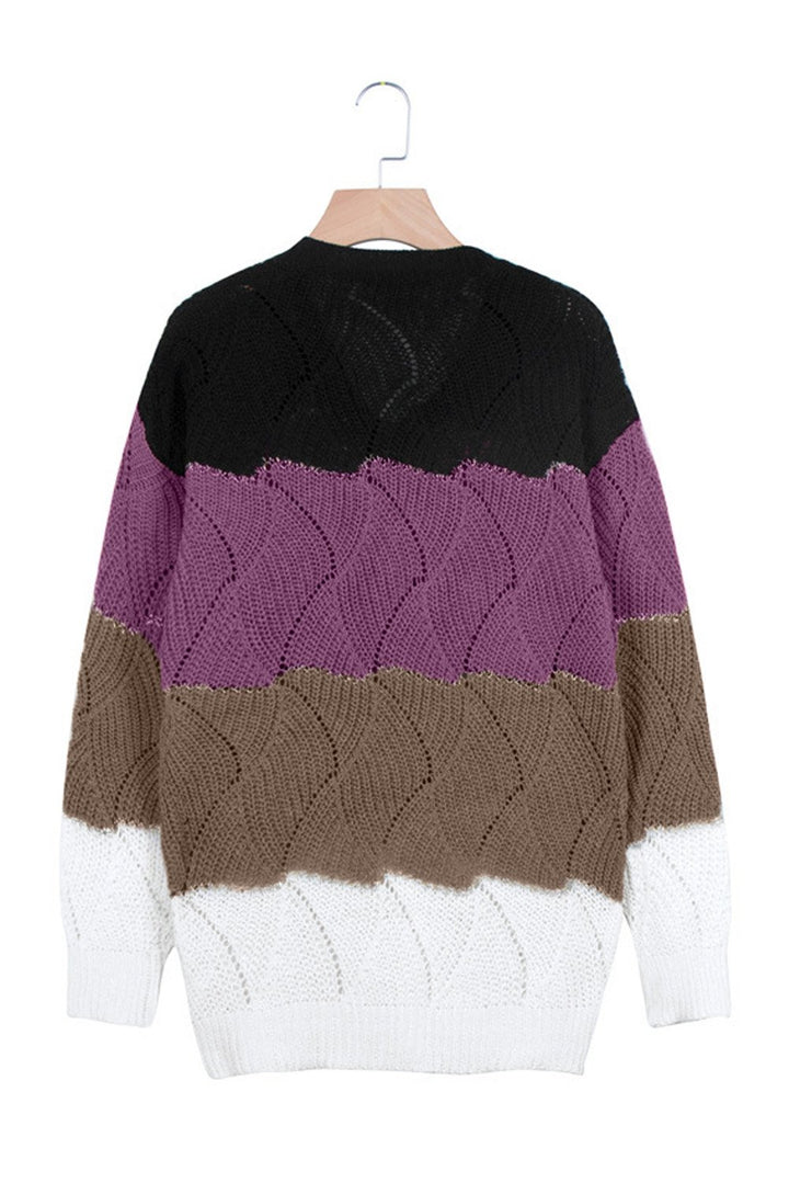 Women's Black Colorblock V Neck Textured Knit Sweater