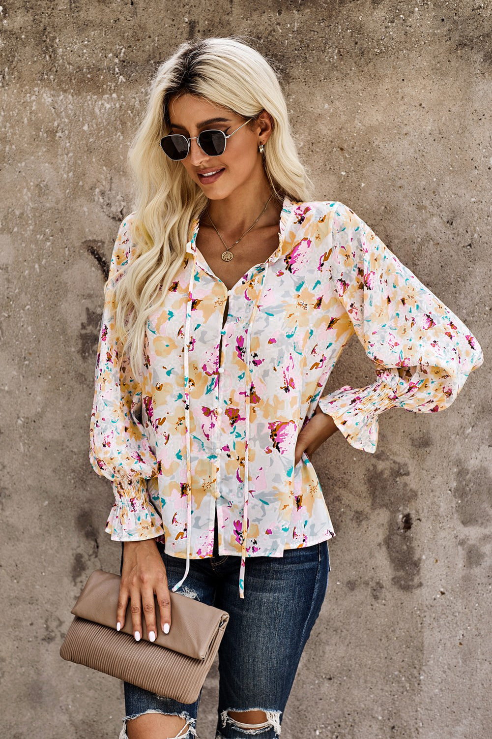 Chic Cakewalk Floral Smocked Long Sleeve Blouse