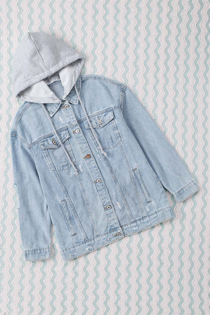 Sky Blue Button Closure Ripped Hooded Denim Jacket