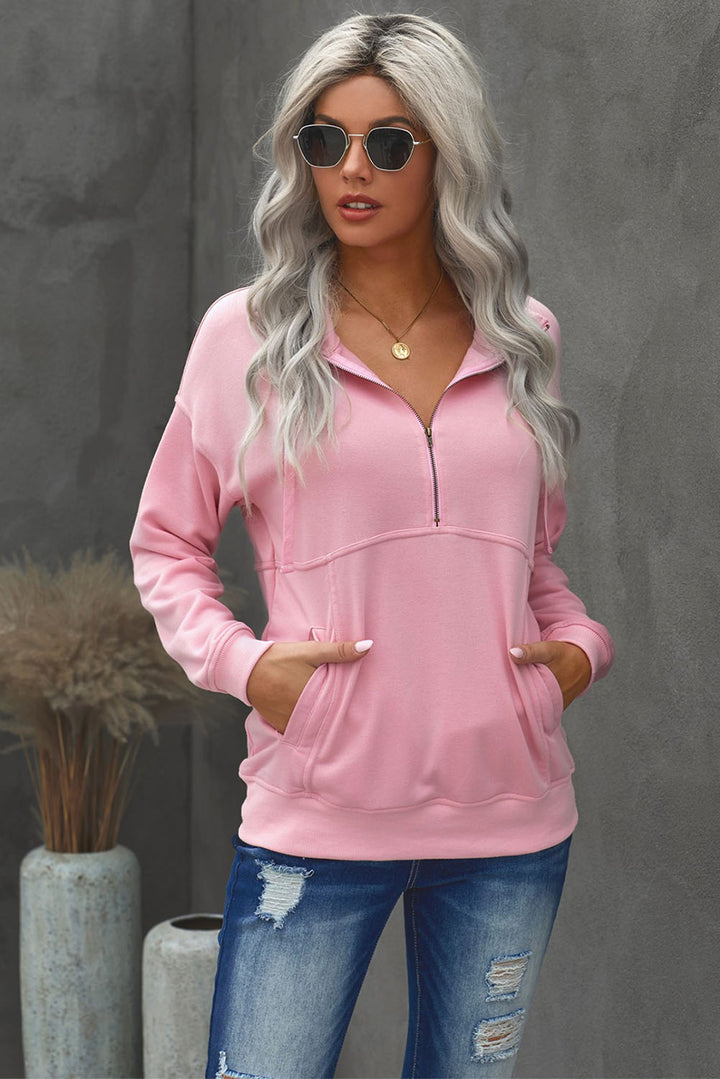 Cotton Pocketed Half Zip Pullover Pink Sweatshirt