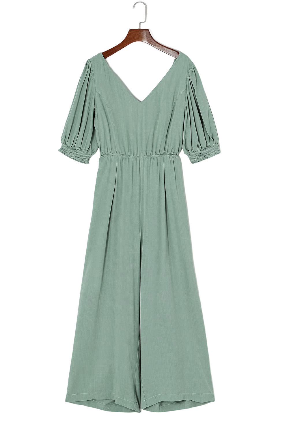 Green V Neck Puff Sleeve Hollow out Wide Leg Jumpsuit