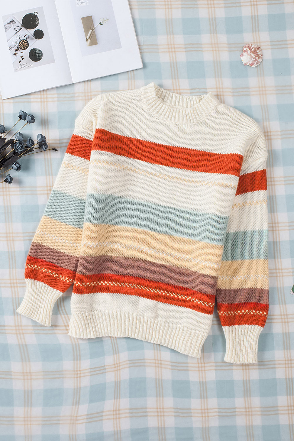 Crew Neck Drop-shoulder Striped Color Block Sweater