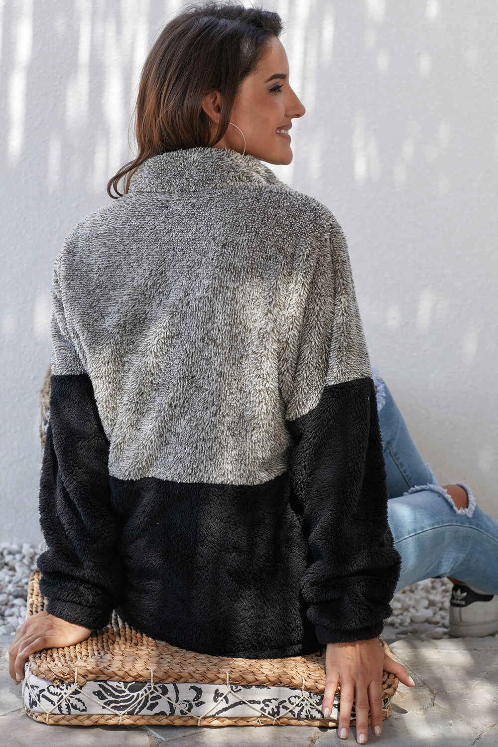 Women Gray Taupe Zip Neck Oversize Fluffy Fleece Pullover