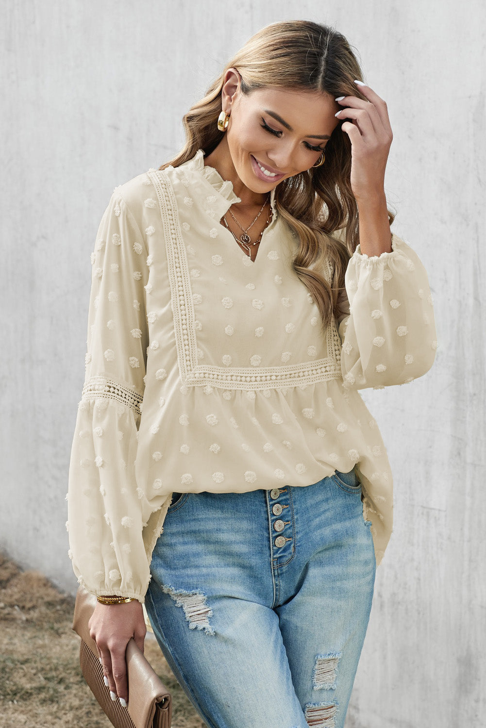 Chic Apricot Ruffled Split Neck Lace Hollow Out Puff Sleeve Polka Dot Blouse