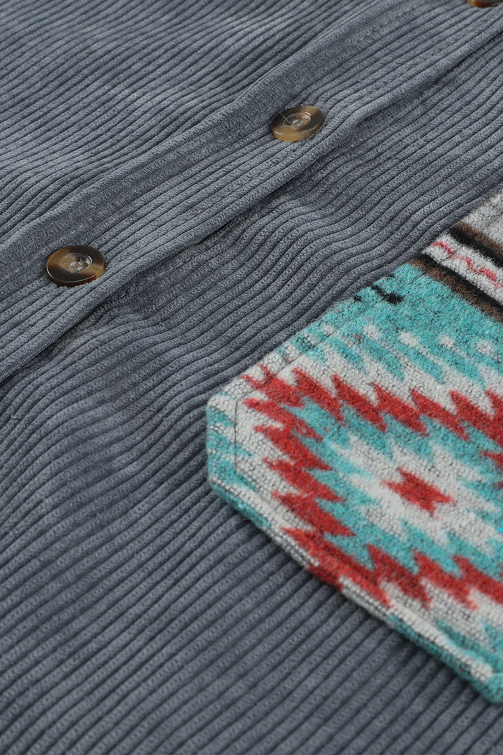 Gray  Aztec Pattern Sleeve Pocketed Corduroy Shacket