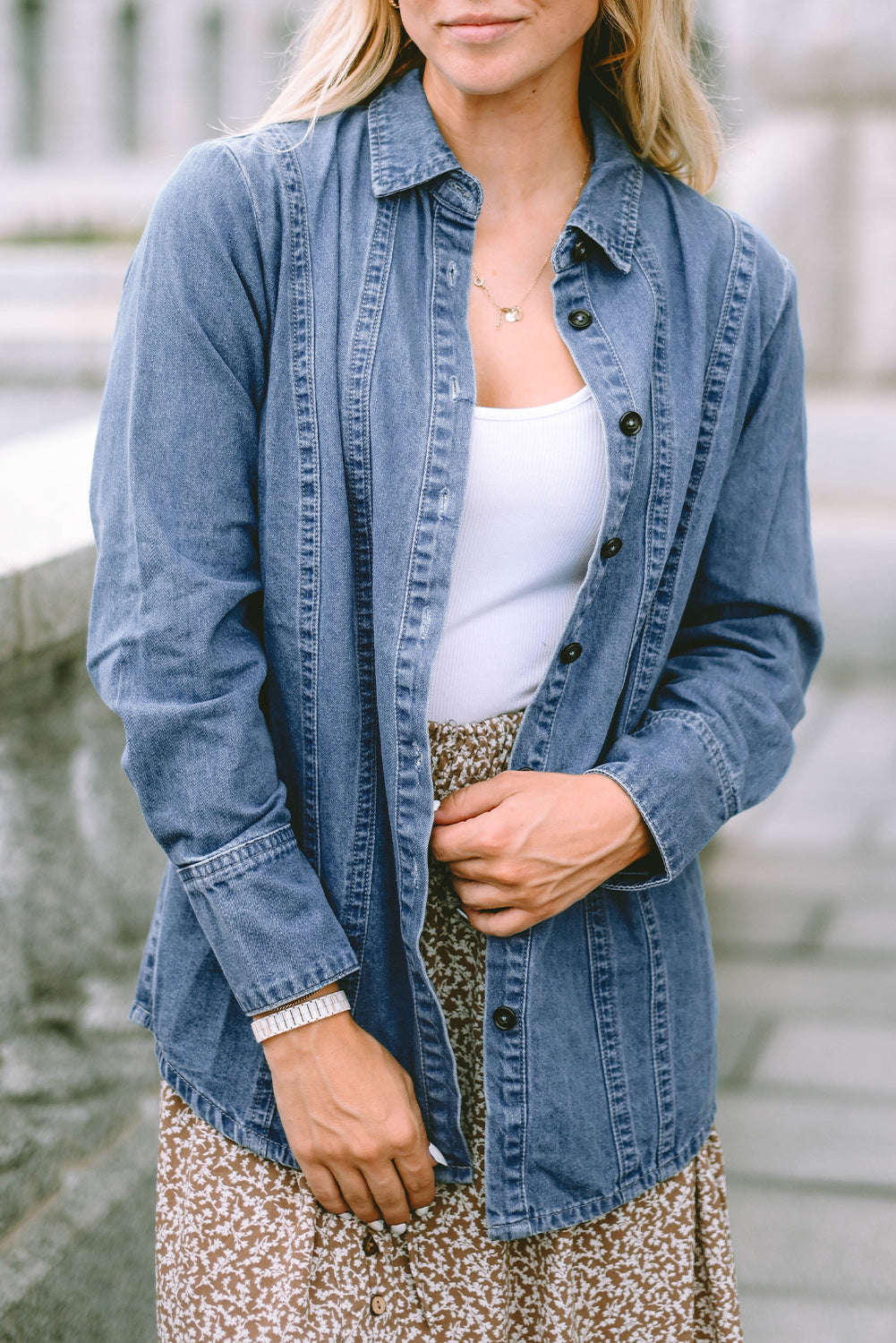 Sky Blue Button-up Long Sleeve Denim Shirt Jacket