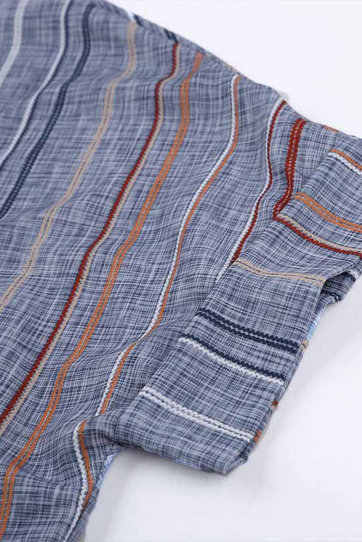 Navy Blue Stripes Roll up Short Sleeve Sleeve Button Down Shirt