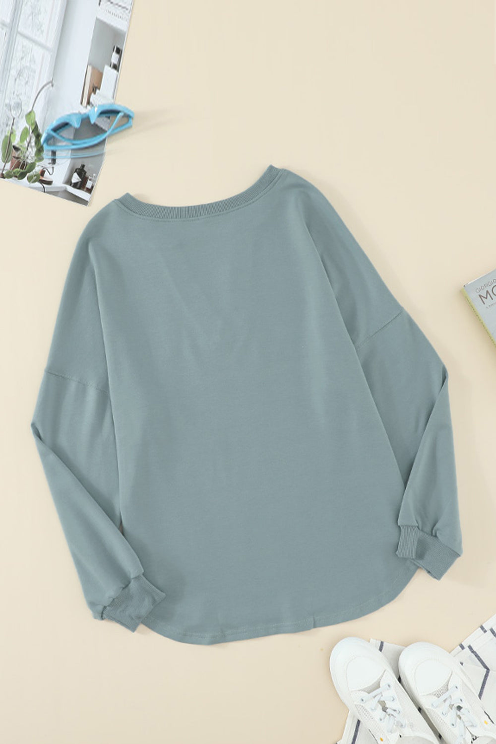 Green Buttoned V Neck Cotton Loose Fit Top