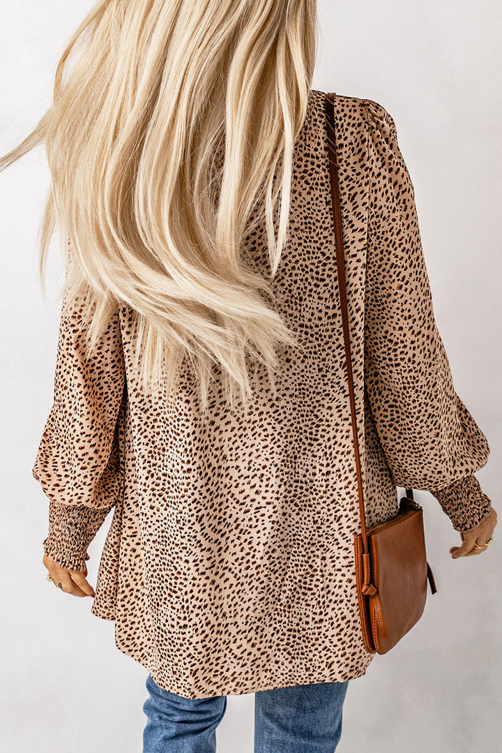 Apricot Animal Print Shirred Cuff Lantern Sleeve Cardigan