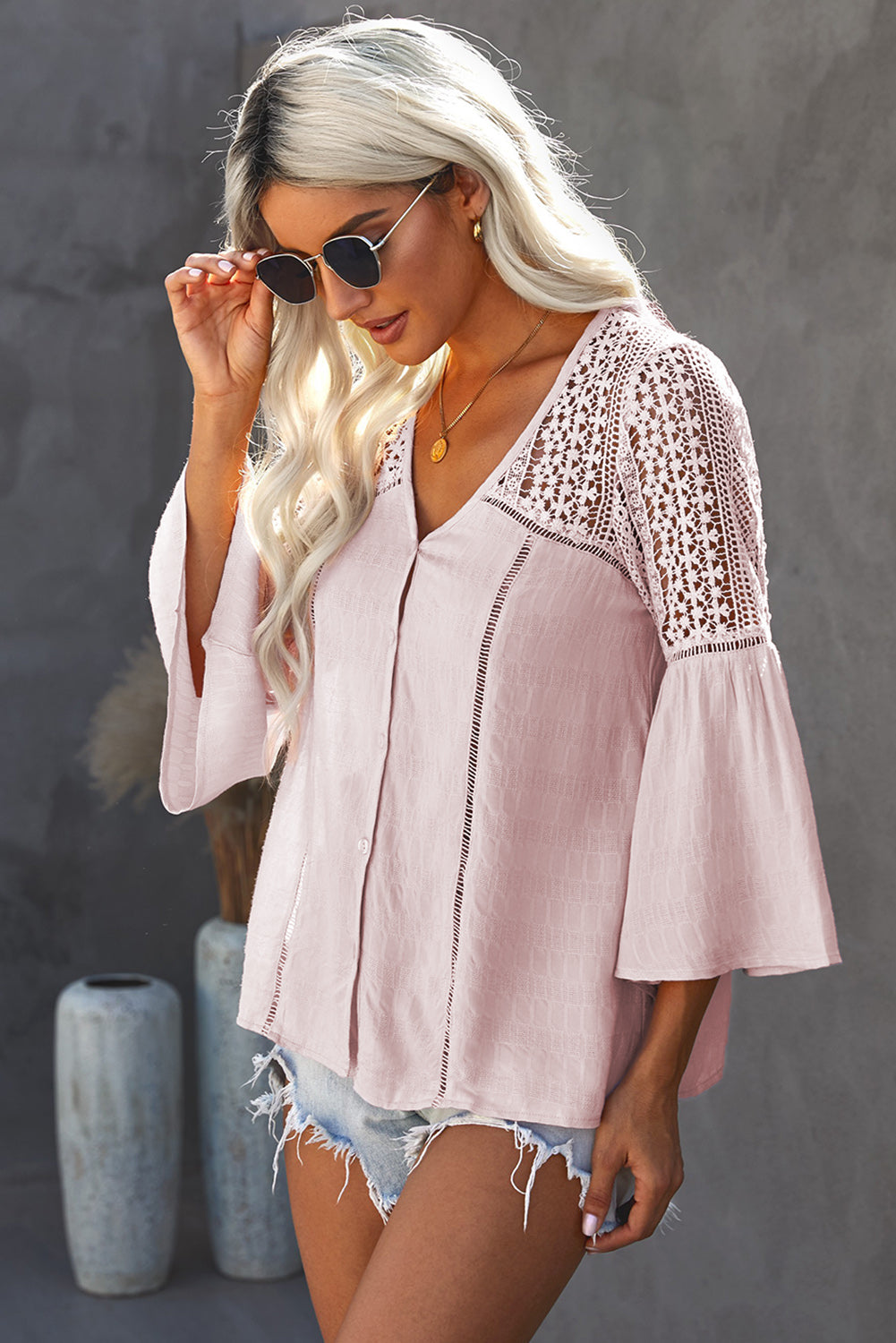 Womens Pink Long Sleeve The Du Jour Crochet Blouse