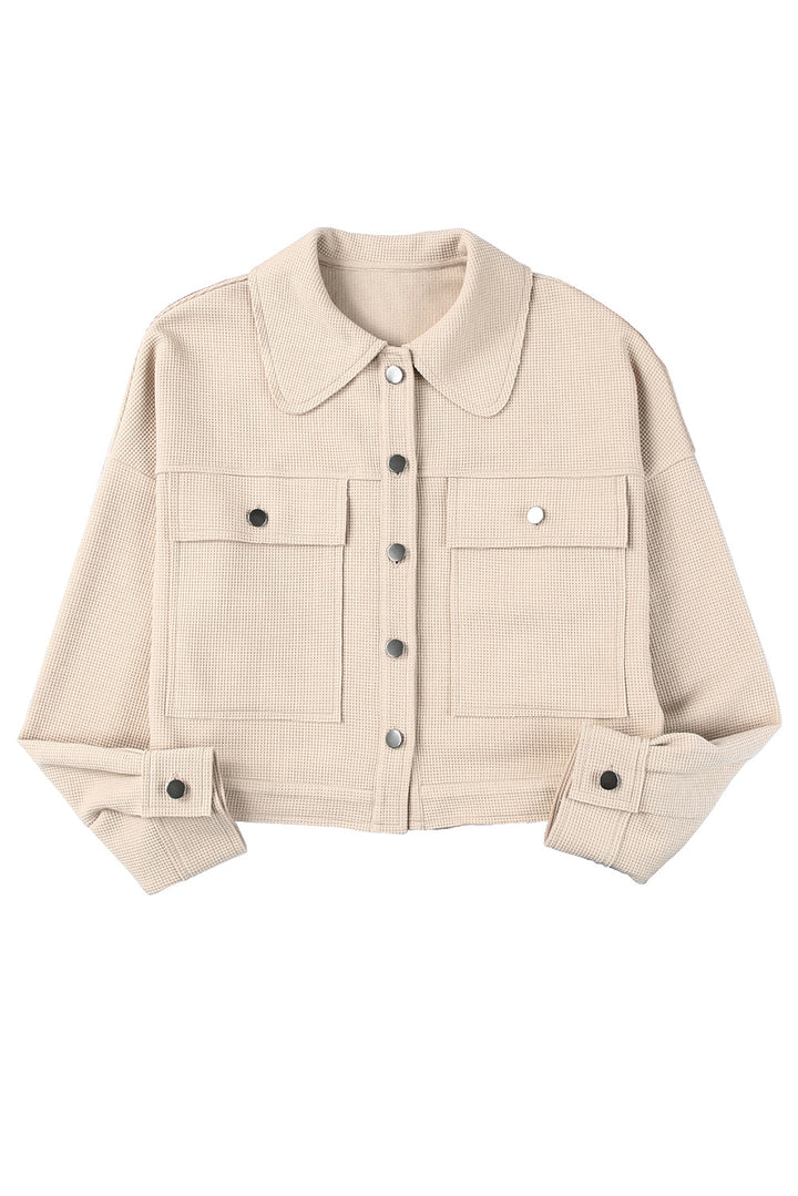 Khaki Waffle Knit Buttons Cropped Jacket with Pockets