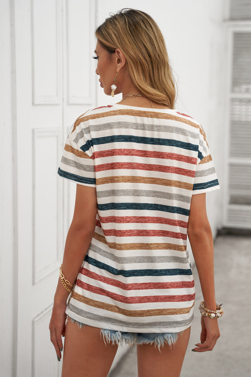 Multicolor Stripes Short Sleeve V Neck T-shirt
