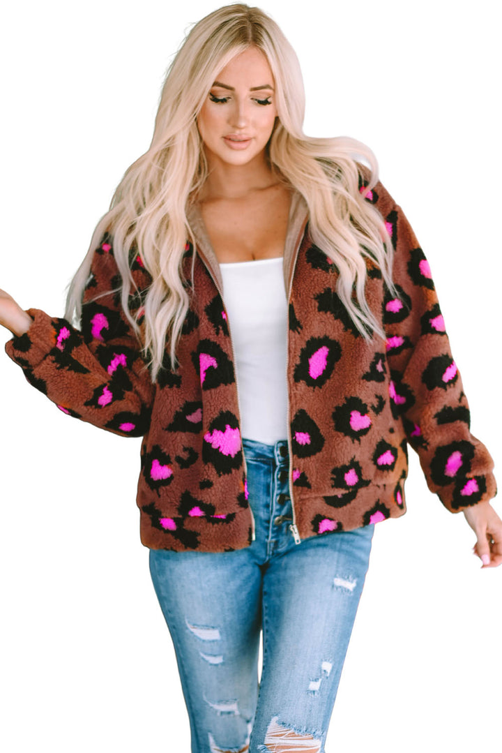 Leopard Zip Up Stand Collar Sherpa Teddy Jacket