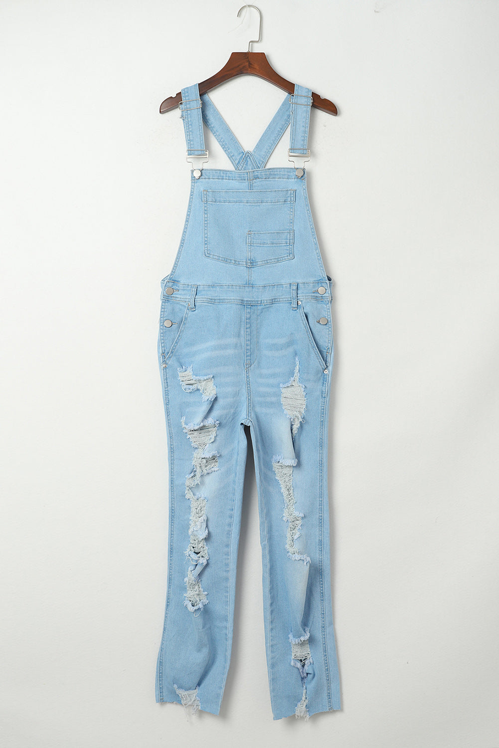 Sky Blue Constructed Bib Pocket Distressed Denim Overalls