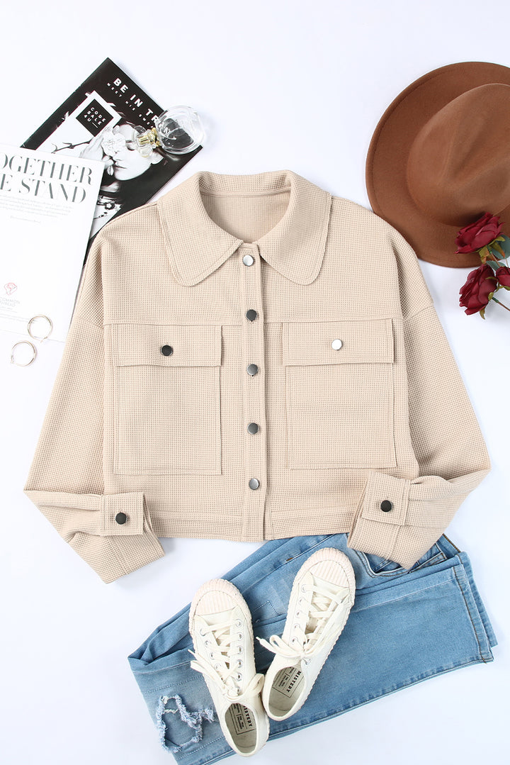 Khaki Waffle Knit Buttons Cropped Jacket with Pockets