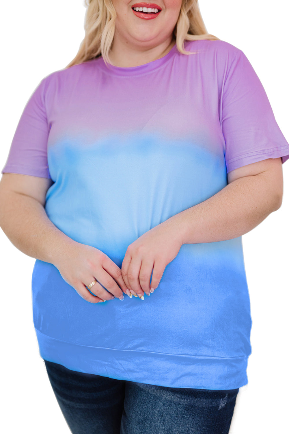 Purple Crew Neck Tie-dye Colorblock Plus Size Tee