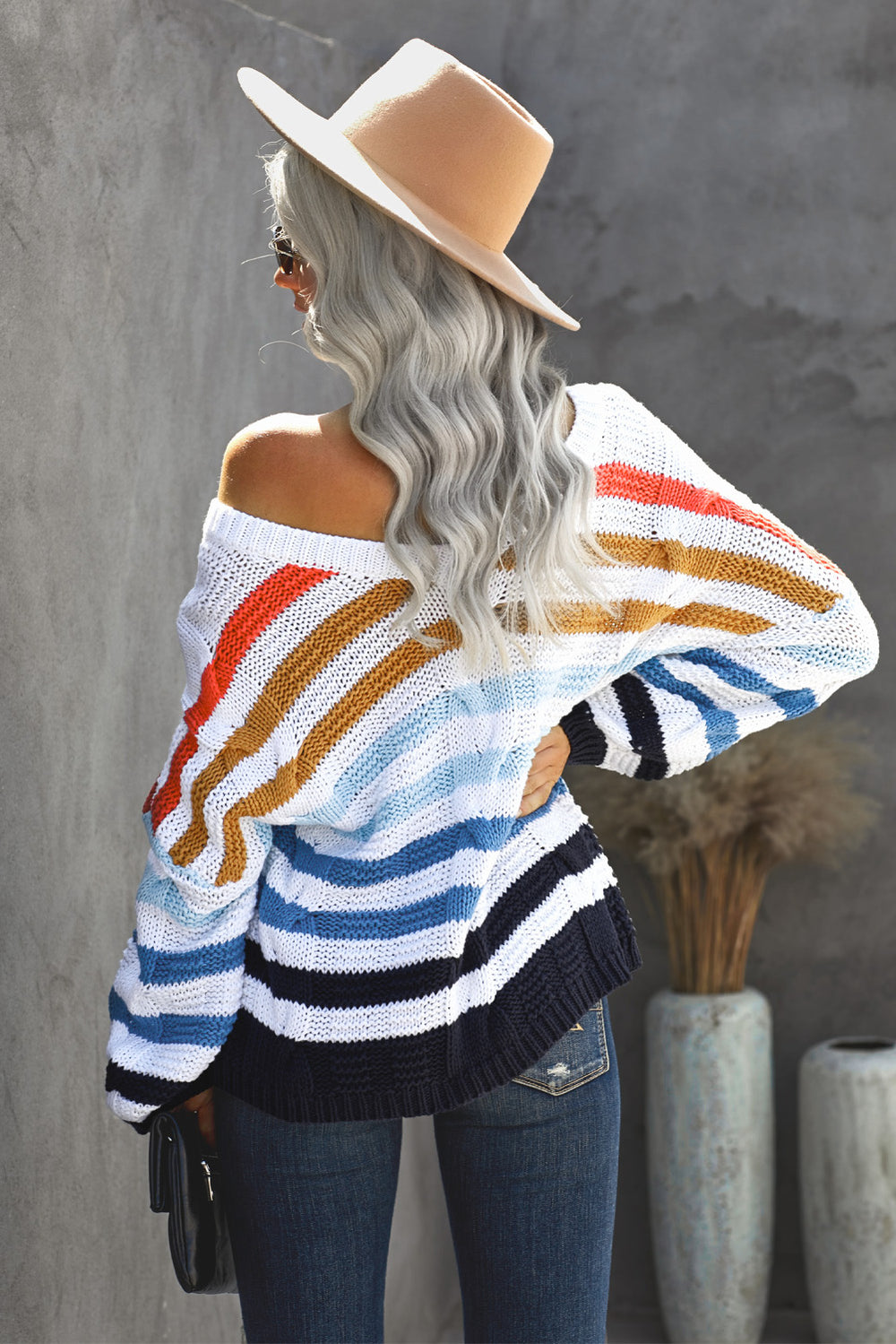 Women's Multicolor Stripe Bubblegum V-Neck Braided Knit Sweater