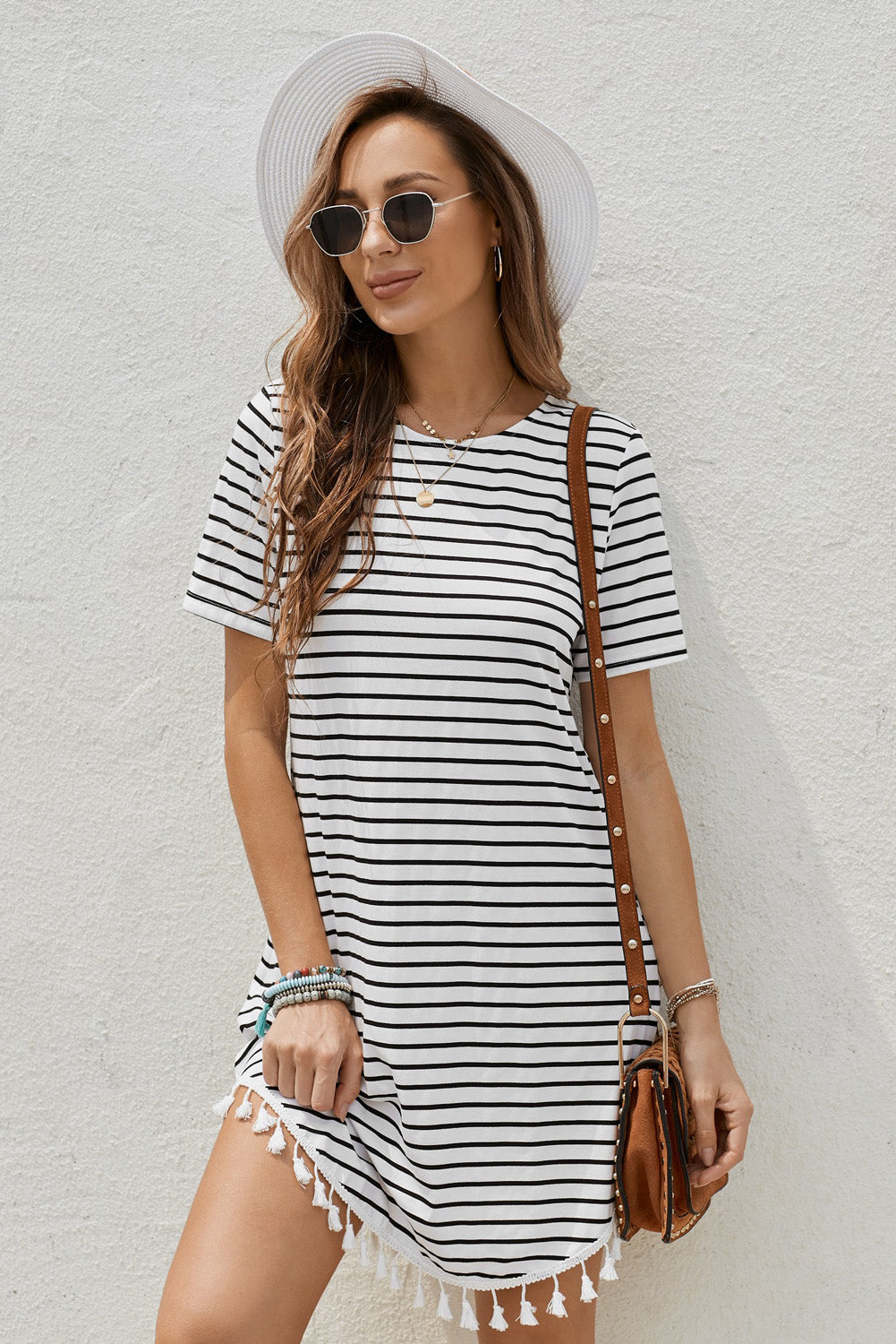 Short Sleeve Crew Neck White Striped T-shirt Mini Dress with Tassel