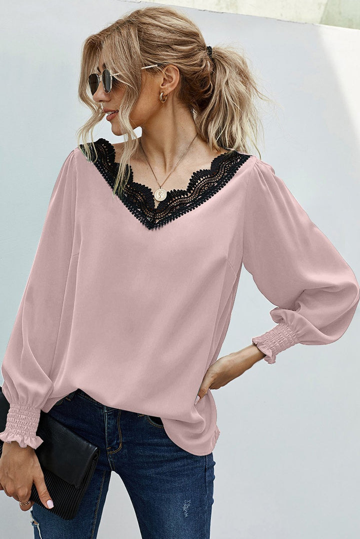 Cute Long Sleeve V Neck Lace Patchwork Pink Blouse