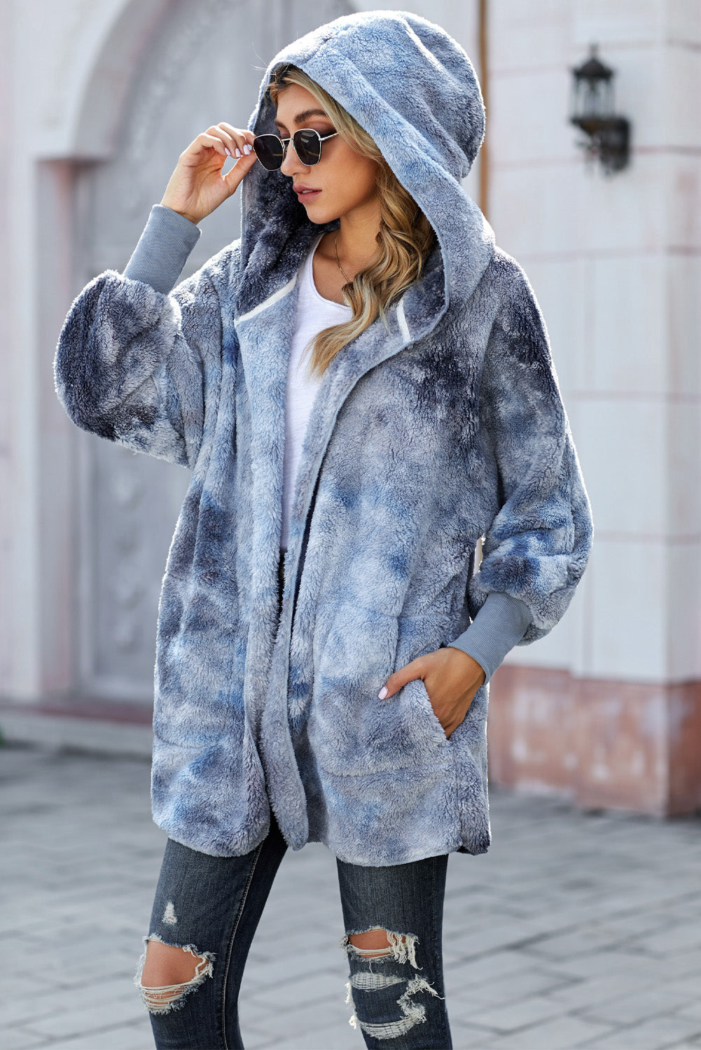Women's Blue Tie Dye Soft Fleece Hooded Open Front Coat