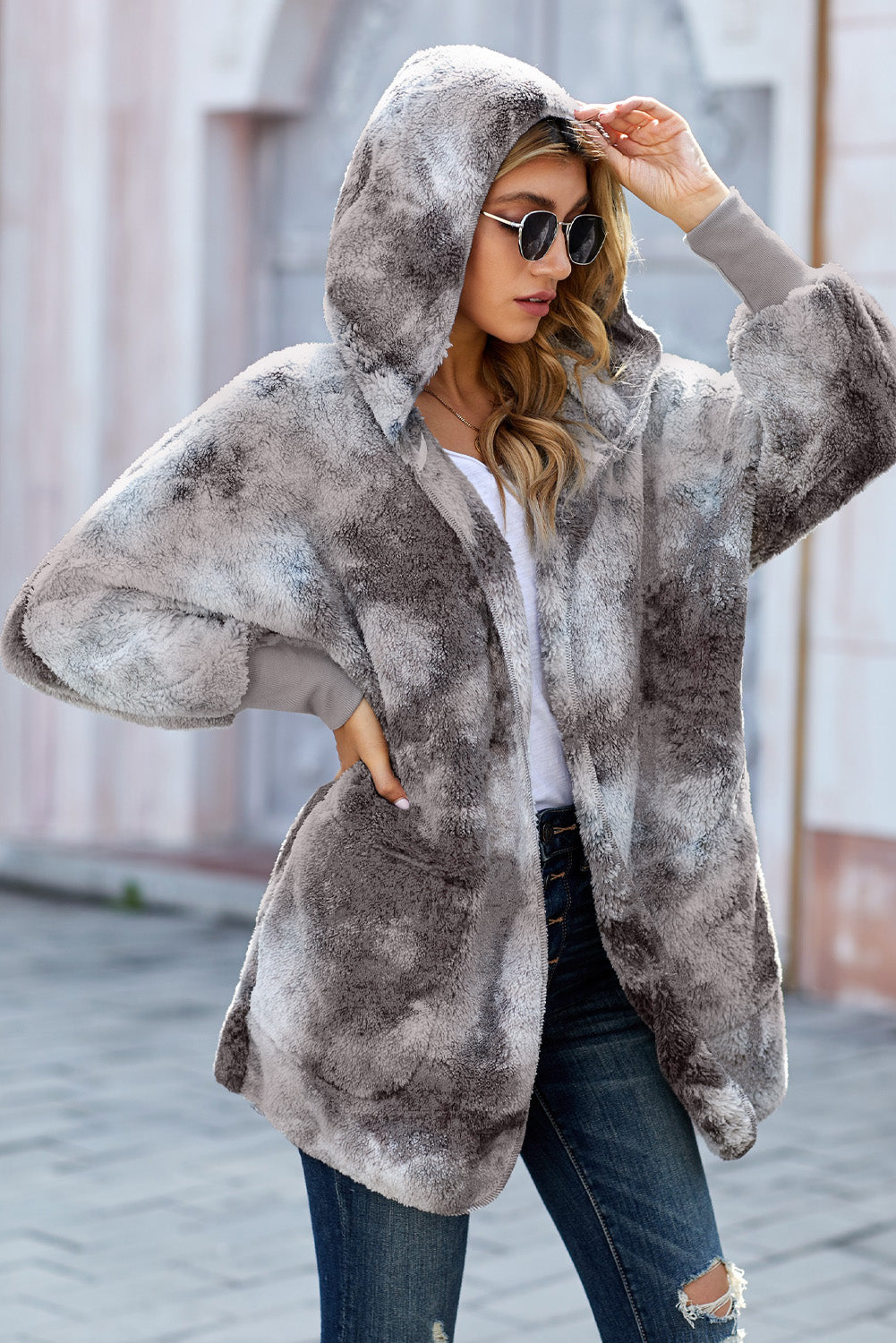 Women's Gray Tie Dye Soft Fleece Hooded Open Front Coat