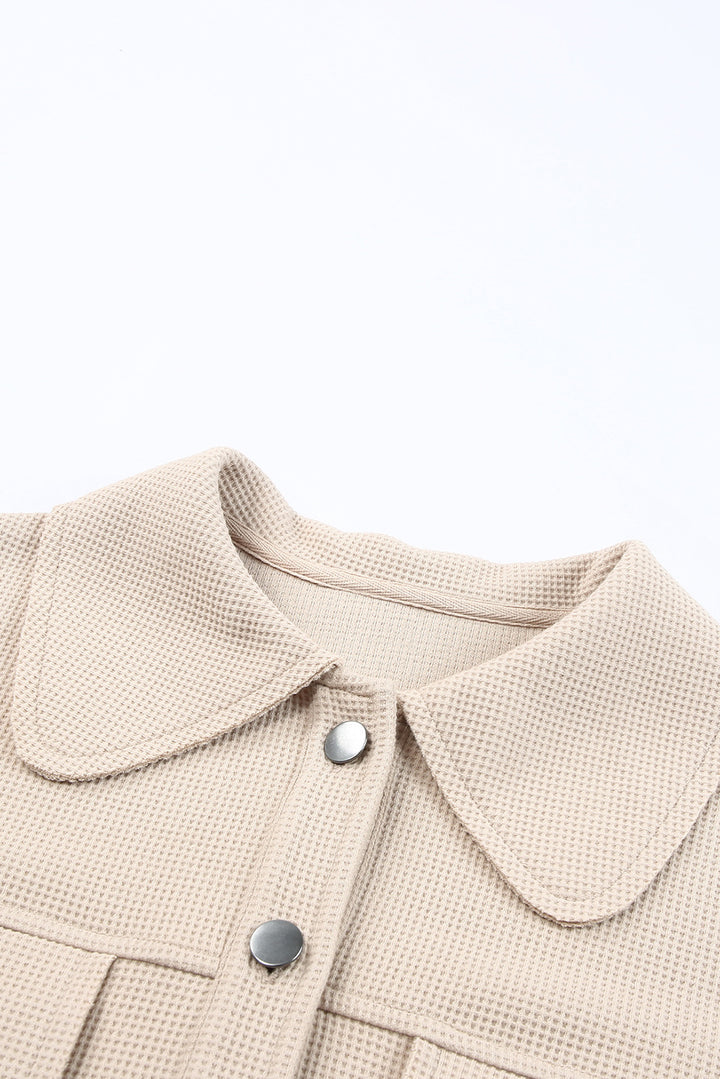 Khaki Waffle Knit Buttons Cropped Jacket with Pockets