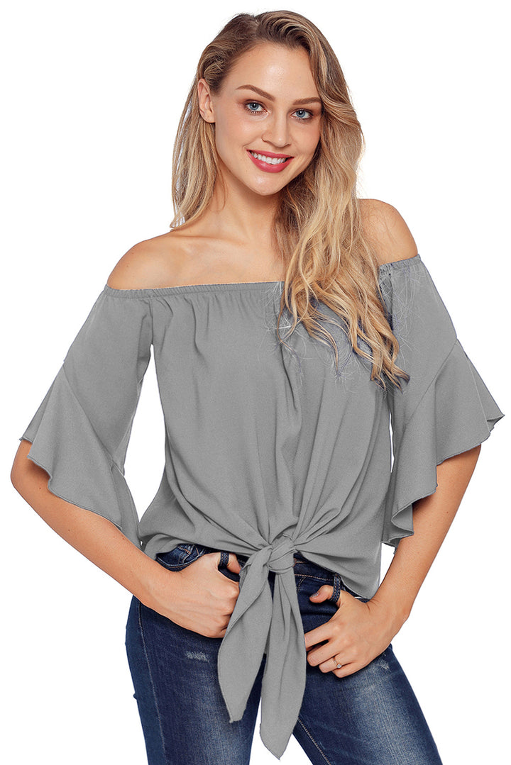 Gray Off The Shoulder Knot Front Blouse