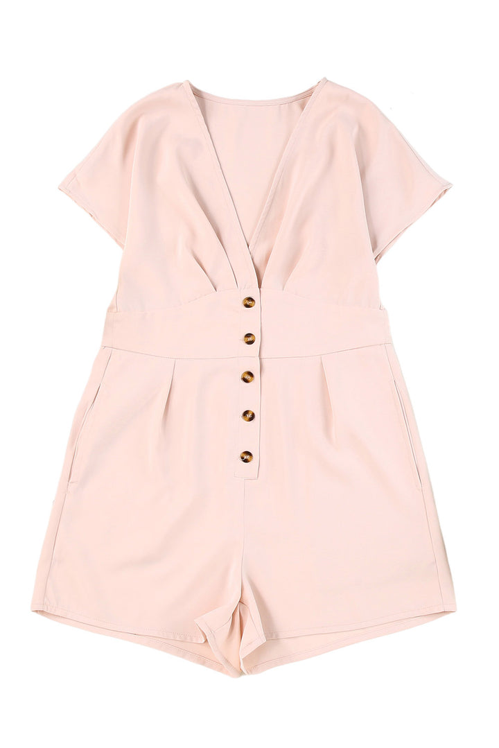 Pink Deep V Neck Buttoned High Waist Romper